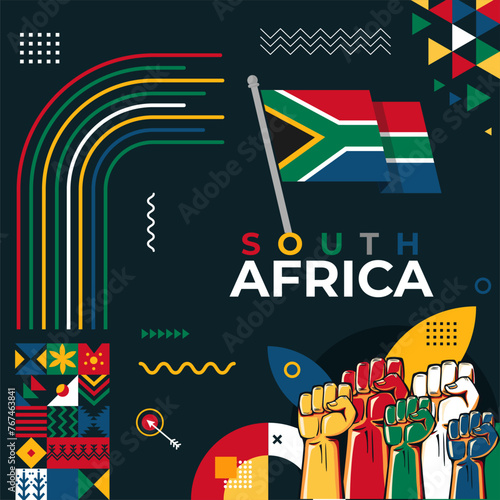South Africa flag for national independence day banner, colorful background and geometric abstract modern design. South African flag, happy heritage day, or Nelson Mandela day theme, business vector.
