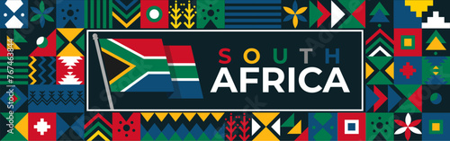 South Africa flag for national independence day banner, colorful background and geometric abstract modern design. South African flag, happy heritage day, or Nelson Mandela day theme, business vector. photo