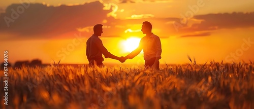 A farmer and business man shaking hands in front of a golden wheat field at sunset, good business partnership collaboration on a future harvesting projects.