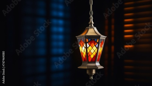 hanging stained glass lantern in vibrant colors against dark background. concepts: day of light, lamp day, home decor, mood lighting, stained glass items design, oriental lamps