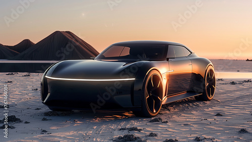 Futuristic concept of an electric car in the desert at sunset or dawn
