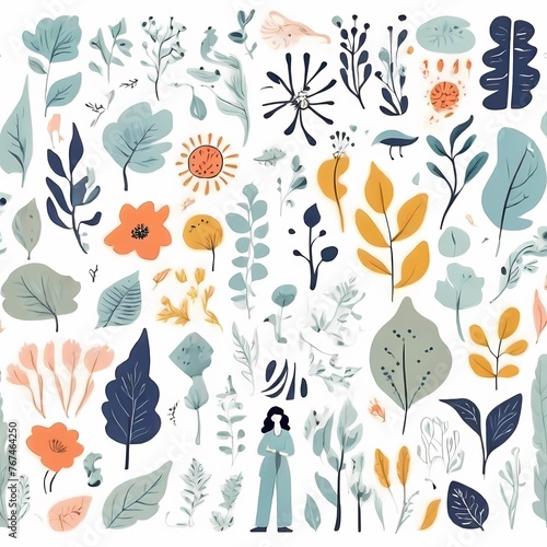 A collection of seamless pattern, colorful abstract plants and flowers. Hand drawn Collection of leaves and flowers. A close up of a pattern of flowers and leaves.
