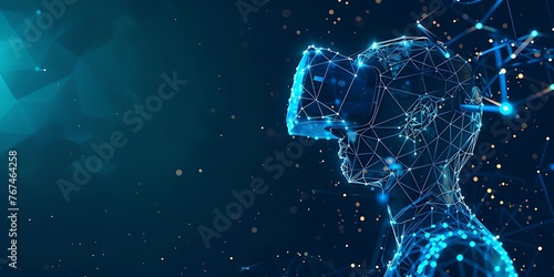 VR headset holographic low poly wireframe vector banner. Polygonal man wearing virtual reality glasses, helmet. VR games playing. Particles, dots, lines, triangles on blue background. Neon light. AI