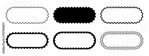 Set of different oval frames with wavy edges. Rectangular shapes with wiggly borders. Banner frames, empty text boxes, speech bubbles, tags or labels scalloped elements. Vector graphic illustration.