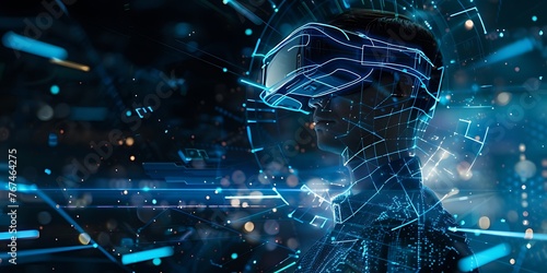 VR headset holographic low poly wireframe vector banner. Polygonal man wearing virtual reality glasses, helmet. VR games playing. Particles, dots, lines, triangles on blue background. Neon light