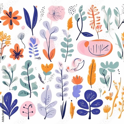 A collection of seamless pattern, colorful abstract plants and flowers. Hand drawn Collection of leaves and flowers. A close up of a pattern of flowers and leaves.
