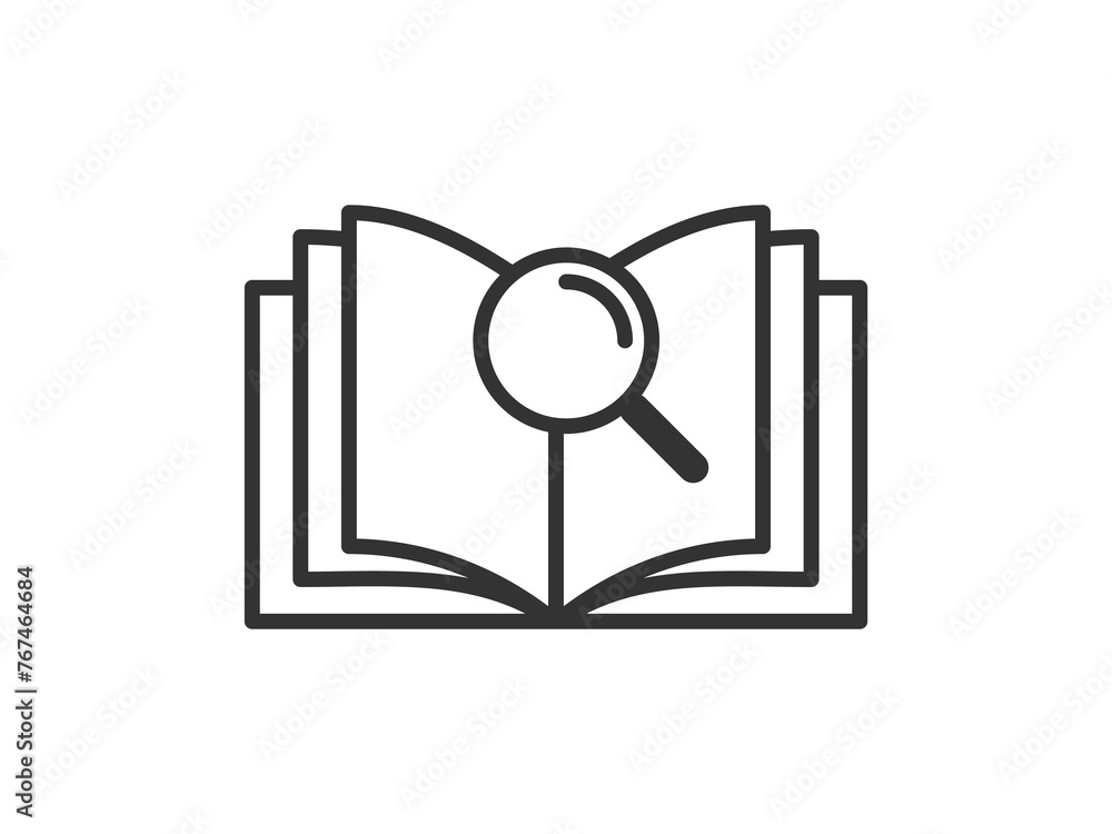 Icon with book and a magnifying glass for search. Vector illustration Icon with book and a magnifying glass for search. Vector illustration