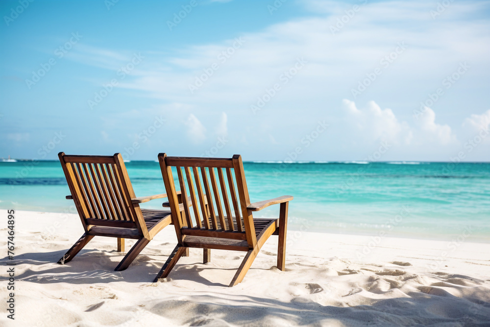 tranquil beach setting with two empty wooden chairs facing the calm turquoise sea, accentuating a sense of relaxation and solitude - Generative AI tranquil beach setting with two empty wooden chairs facing the calm turquoise sea, accentuating a sense of relaxation and solitude - Generative AI