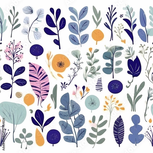A collection of seamless pattern, colorful abstract plants and flowers. Hand drawn Collection of leaves and flowers. A close up of a pattern of flowers and leaves.
