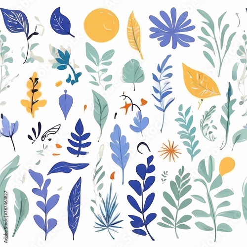 A collection of seamless pattern, colorful abstract plants and flowers. Hand drawn Collection of leaves and flowers. A close up of a pattern of flowers and leaves.
