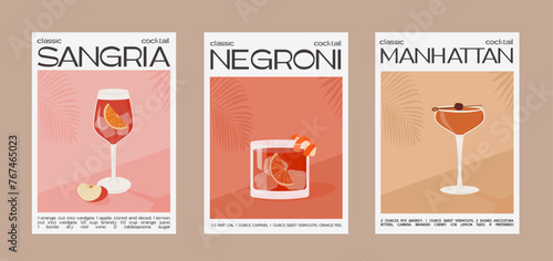 Sangria, Negroni and Manhattan Cocktail. Classic alcoholic beverage recipe. Modern trendy print. Summer aperitif wall art. Garnished drink graphic print for bar menu. Minimalist poster. Vector.