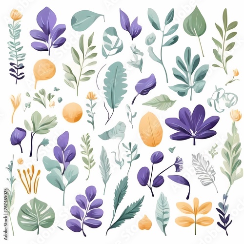 A collection of seamless pattern, colorful abstract plants and flowers. Hand drawn Collection of leaves and flowers. A close up of a pattern of flowers and leaves.
