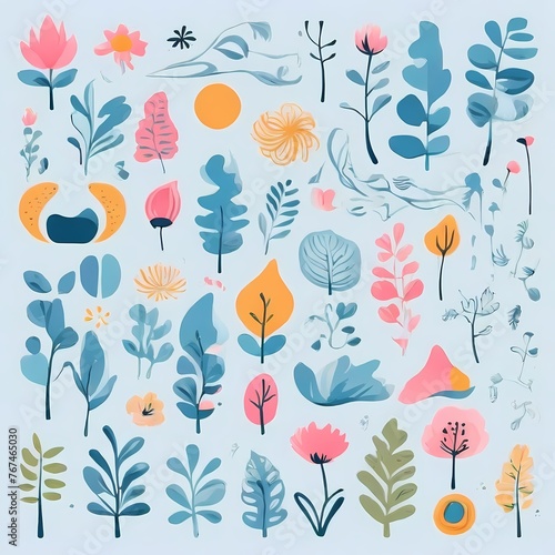 A collection of seamless pattern, colorful abstract plants and flowers. Hand drawn Collection of leaves and flowers. A close up of a pattern of flowers and leaves.
