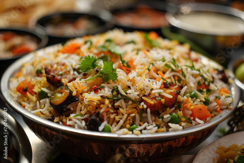 A tantalizing plate of biryani, a flavorful and aromatic Indian rice dish, perfect for special occasions or daily meals.