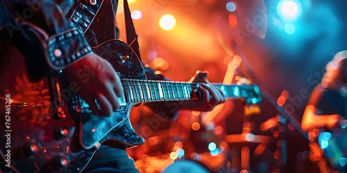 Band performing on stage with guitarist in focus background blurred creating a dynamic concert atmosphere. Concept Concert Photography  Stage Performance  Guitarist Focus  Dynamic Atmosphere