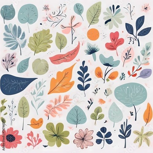 A collection of seamless pattern, colorful abstract plants and flowers. Hand drawn Collection of leaves and flowers. A close up of a pattern of flowers and leaves.
