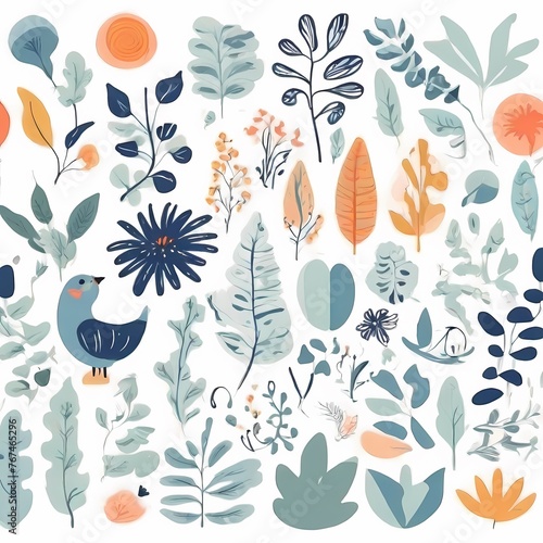 A collection of seamless pattern, colorful abstract plants and flowers. Hand drawn Collection of leaves and flowers. A close up of a pattern of flowers and leaves.
