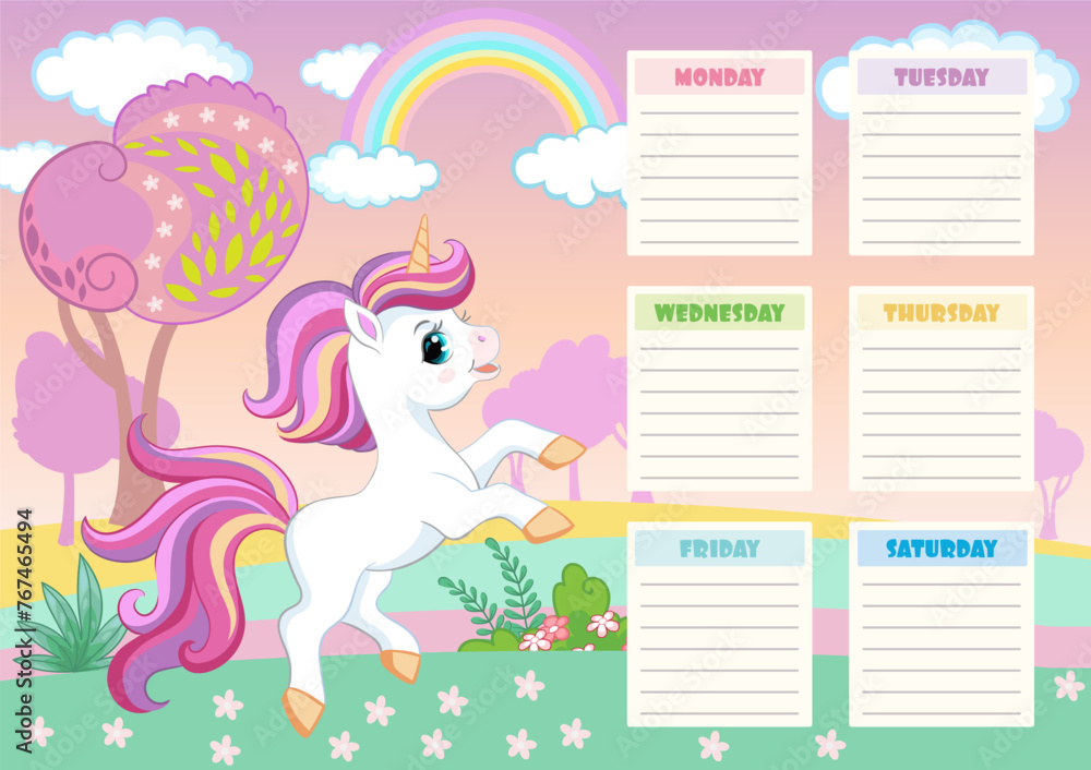 Obraz premium School schedule with cute cartoon unicorn vector