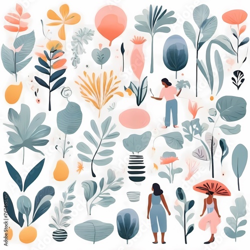 A collection of seamless pattern, colorful abstract plants and flowers. Hand drawn Collection of leaves and flowers. A close up of a pattern of flowers and leaves.
