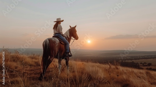 Woman riding horse in mountains, perfect for text placement with captivating visuals and messages © Ilja