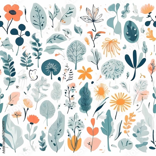 A collection of seamless pattern, colorful abstract plants and flowers. Hand drawn Collection of leaves and flowers. A close up of a pattern of flowers and leaves.
