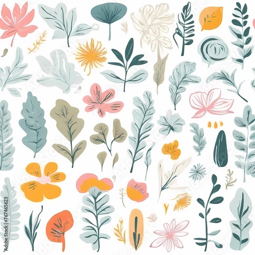 A collection of seamless pattern, colorful abstract plants and flowers. Hand drawn Collection of leaves and flowers. A close up of a pattern of flowers and leaves.
