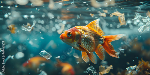 fish in water contaminated with micro plastic - global change. generative ai  photo