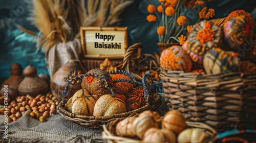 a photo text of the worrd " Happy Baisakhi " written with pen bursh and baisakhi Celebration Background.