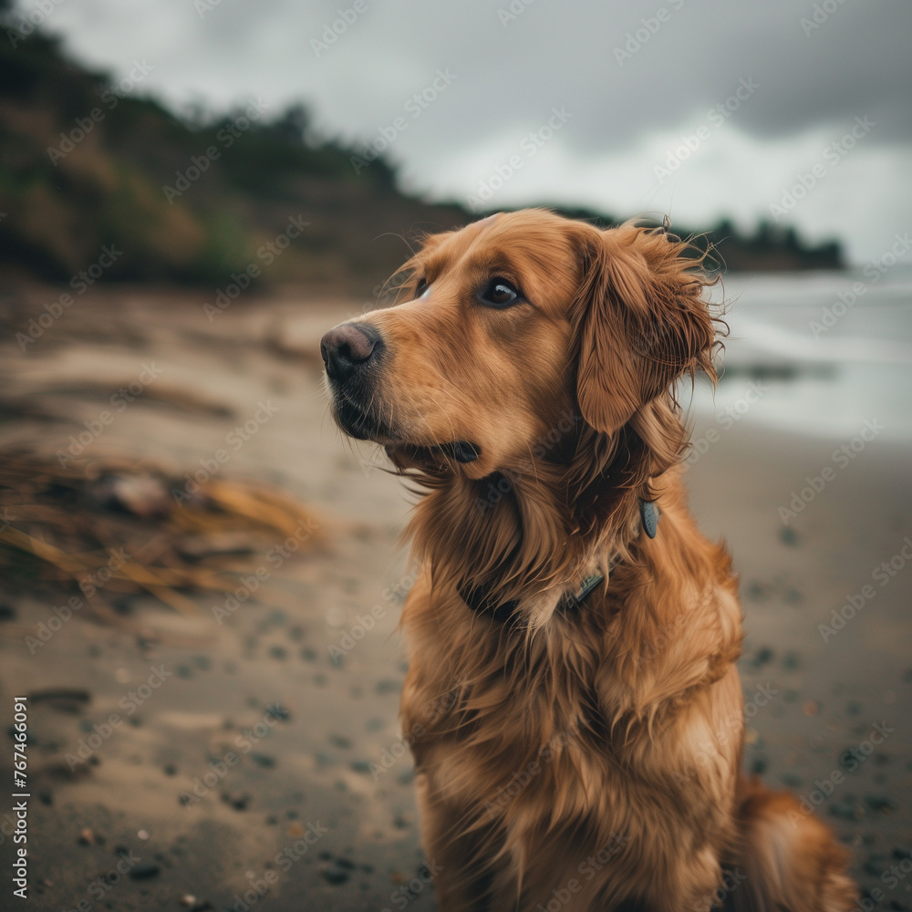 Golden Retriever Contemplating the Sea on a Cloudy Beach Day