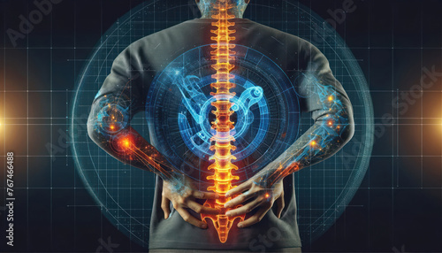 person's back with a visual representation of the spine glowing in orange to indicate pain or discomfort