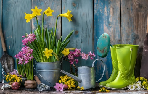 Gartenszene mit bunten Frühlingsblumen, einer Gießkanne und grünen Gummistiefeln auf einem Holzhintergrund, Textfreiraum