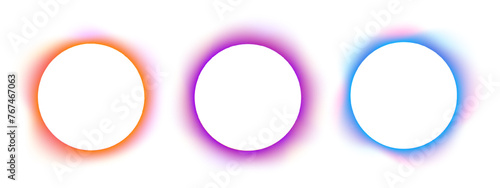 Set of blurry round frames. Collection of circle shapes with colorful neon gradient borders isolated on white background. Abstract design elements with empty space. Vector illustration.