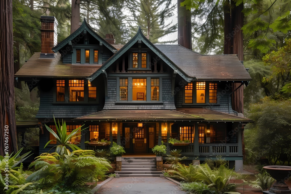 A majestic craftsman house exterior in deep forest green, surrounded by towering redwoods.