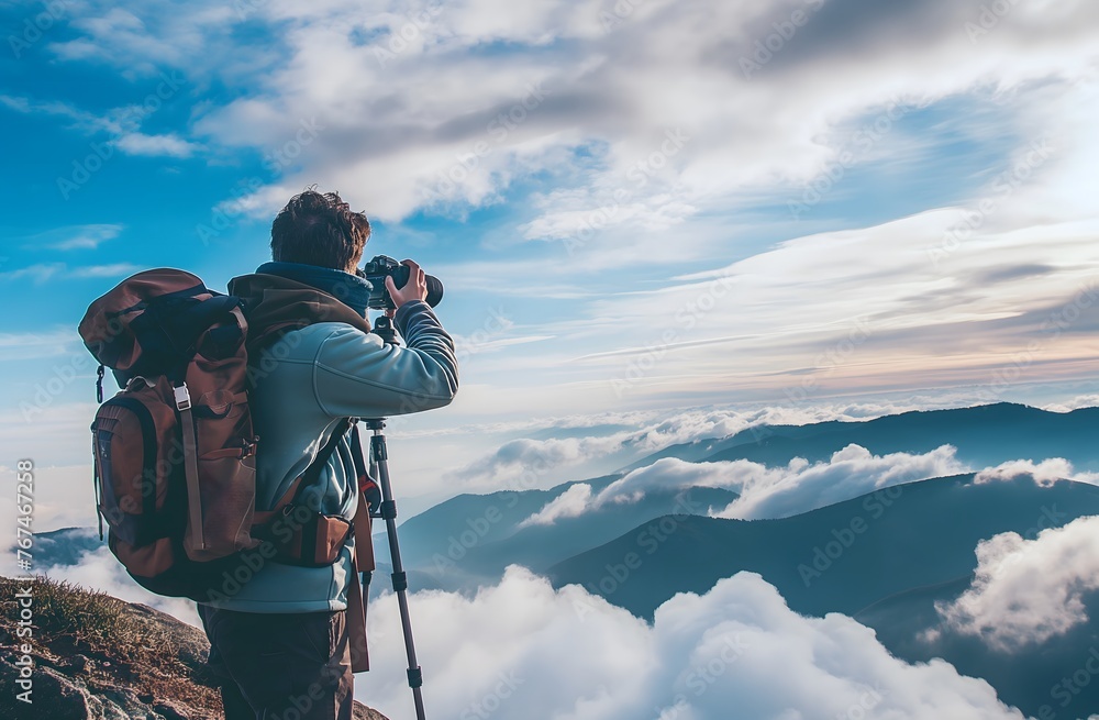 Fotograf beim Wandern, Fotograf auf einem Berggipfel über den Wolken, sonnige Stimmung, Naturpanorama Fotografie