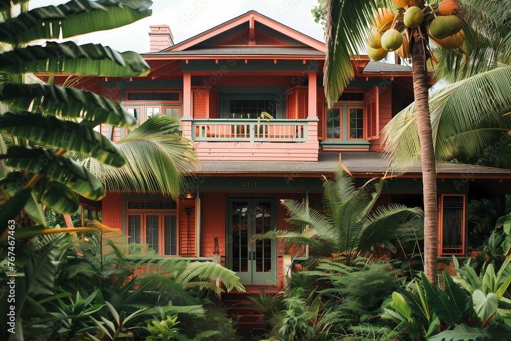 A delightful craftsman home exterior in pale coral pink, surrounded by swaying palm trees and tropical foliage.