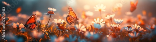 Lebendige Szene zarter Schmetterlinge, die zwischen einem Feld blühender Blumen unter einem klaren, sonnigen Himmel tanzen, Konzept Frühling und Frühlingswiese © GreenOptix
