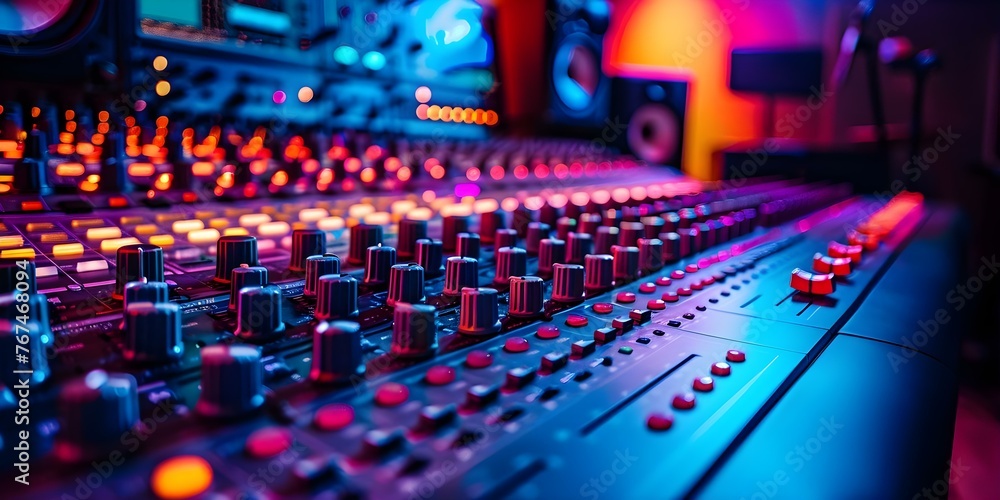 Modern audio mixing console in a recording studio with colorful lighting used for music production. Concept Audio Mixing Console, Recording Studio, Music Production, Colorful Lighting