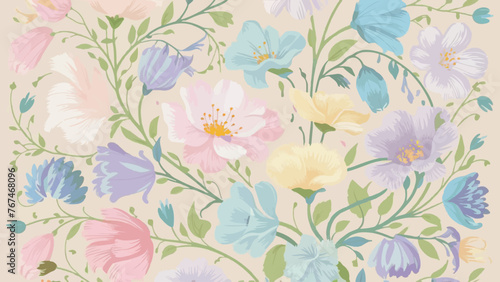  A charming and delicate pastel-colored flower design pattern features a variety of blossoms in soft hues of pink  blue  purple  and yellow. The flowers are intricately intertwined with a touch of gre
