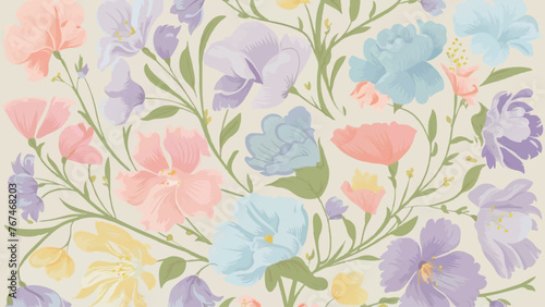  A charming and delicate pastel-colored flower design pattern features a variety of blossoms in soft hues of pink  blue  purple  and yellow. The flowers are intricately intertwined with a touch of gre