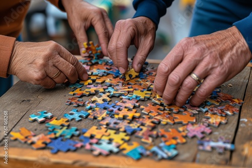 Group of elderly people's hands assembling colorful jigsaw puzzle pieces on a wooden table