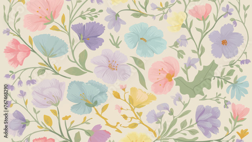  A charming and delicate pastel-colored flower design pattern features a variety of blossoms in soft hues of pink, blue, purple, and yellow. The flowers are intricately intertwined with a touch of gre