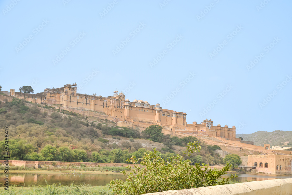 Frontal panoramic image of Amber Fort,tourist destination in pink city of Jaipur