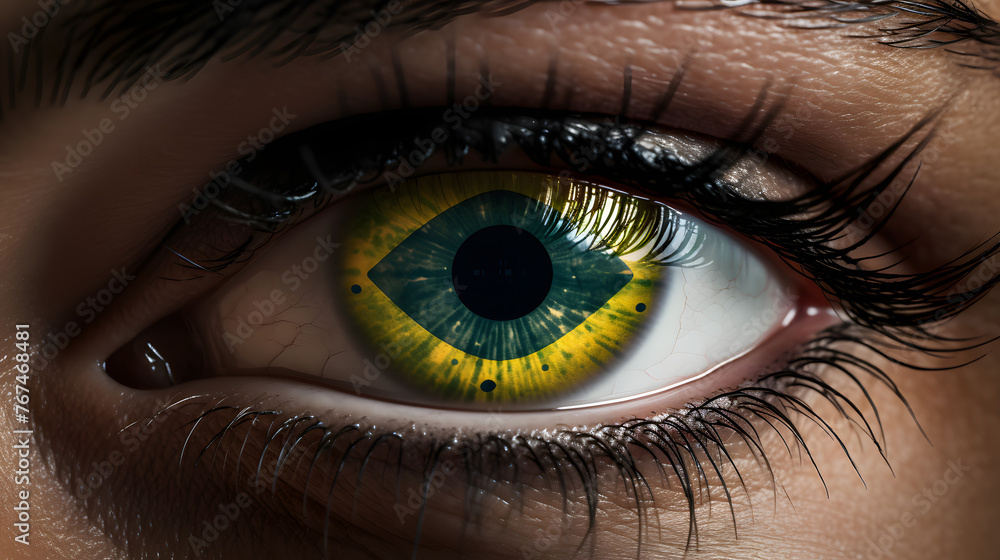 Fototapeta premium Close up of human eye with flag of Brazil. Flag symbols in the eye. 