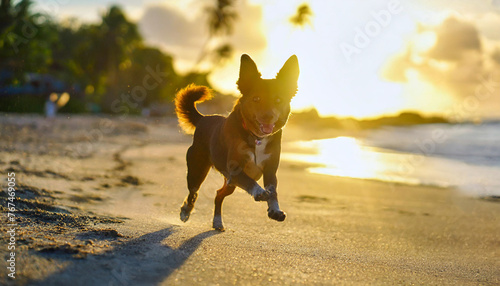 Dog running on the beach at sunset. Concept of active lifestyle.