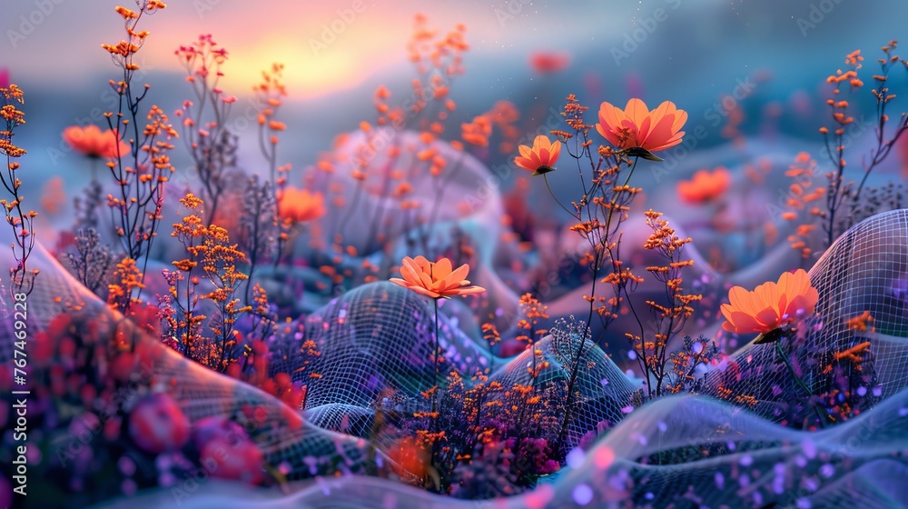 A vibrant 3D render of an abstract digital garden, where virtual flowers bloom in vivid colors against a backdrop of digital grids and soft, glowing lights. - obrazy, fototapety, plakaty 
