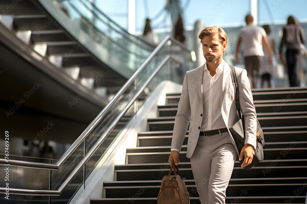 business man with a bag in his hand walks along the stairs of an office building. concept of career growth and business success business man with a bag in his hand walks along the stairs of an office building. concept of career growth and business success