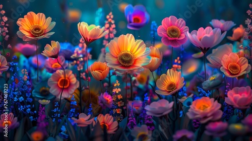 A vibrant 3D render of an abstract digital garden, where virtual flowers bloom in vivid colors against a backdrop of digital grids and soft, glowing lights.