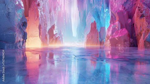 A sci-fi landscape with stunning ice crystal formations and reflective ice surfaces  creating an otherworldly atmosphere.