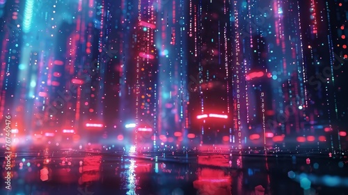 Abstract 3D background reflecting the concept of digital rain, with streams of code flowing into virtual windows against the backdrop of a blurred neon cityscape.