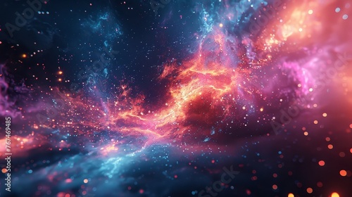 Abstract 3D background with a space theme, where neon geometric shapes orbit around a digital black hole. Dark empty space concept with bursts of neon light in electric blue and neon pink